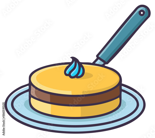 Round Layer Cake with Blue Frosting Dollop and Serving Spatula on Plate