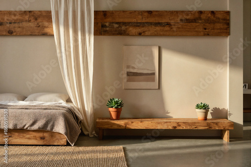 Tableau sur toile A modern bedroom with a wooden bed, bench, and plants illuminated by natural sunlight