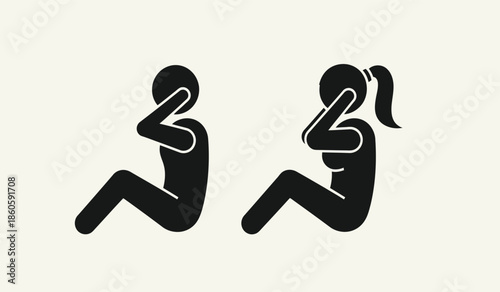 Two stylized figures in running poses depicted in a minimalist black and white style