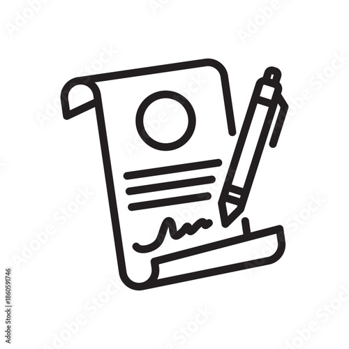 A simple depiction of a rolled parchment with text and signature lines. A pen rests nearby, showing the tools of writing and documentation in a clear, minimal style. Sign on a transparent background