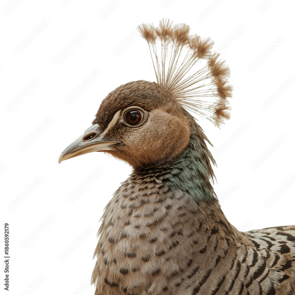 Fototapeta premium Close View of a Peacock Standing Against a White Background Showcasing Its Colors and Features
