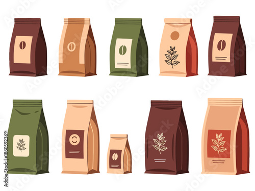 Assortment of Coffee Bean Packaging Bags with Natural Design Elements