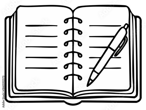Open notebook and pen illustration, writing, sketching, planning, ideas and notes.
