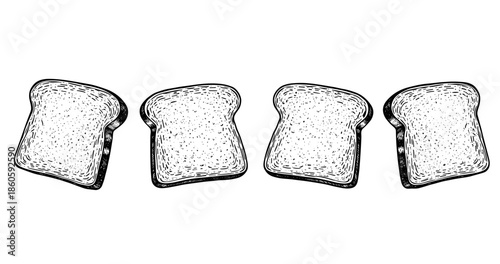 Four sketches of toast slices in line drawing style