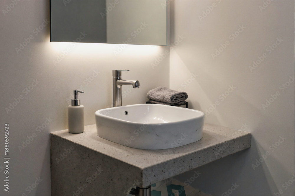 Fototapeta premium Modern white ceramic sink on concrete countertop with chrome faucet and soap dispenser in bathroom corner