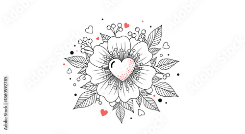 Delicate hand drawn flower features a central heart and is embellished with surrounding leaves, berries, and subtle red dot accents.