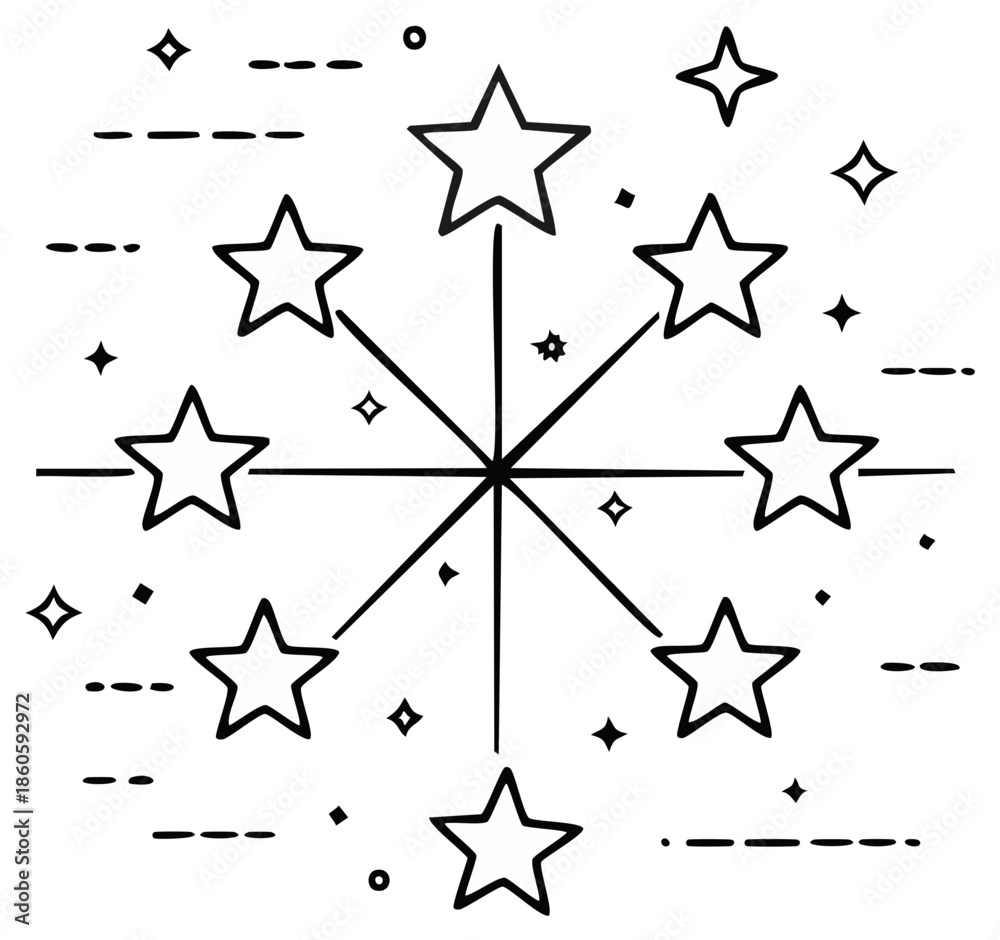 Obraz premium Line Art Illustration of Star Mandala. Circular Design Featuring Stars, Rays and Simple Decorative Elements
