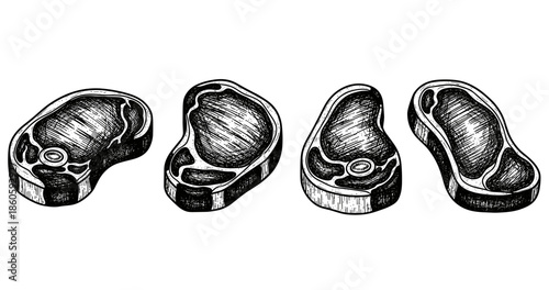 Hand-drawn engraved beef steaks illustration on white background