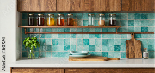 A modern kitchen counter with wooden cabinets, a teal tile backsplash, and glass jars on a copper shelf.