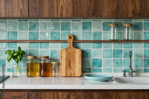 A kitchen counter with a turquoise tile backsplash, wooden cabinets, a cutting board, glass jars, and a bowl.