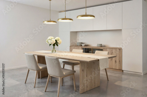 Modern dining room with wooden table, beige chairs, and pendant lights in a minimalist interior.