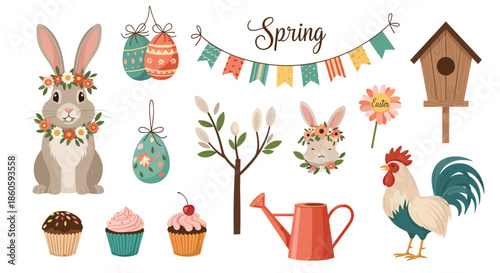 Large collection of spring and Easter themed icons includes cute bunnies, decorated eggs, sweet cupcakes, and garden elements.