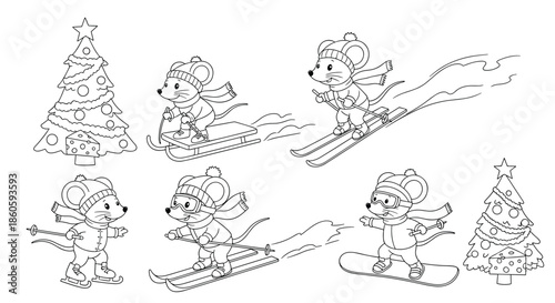 Fun winter coloring page features several cute mice enjoying snowy activities like skiing, sledding, and snowboarding near trees.