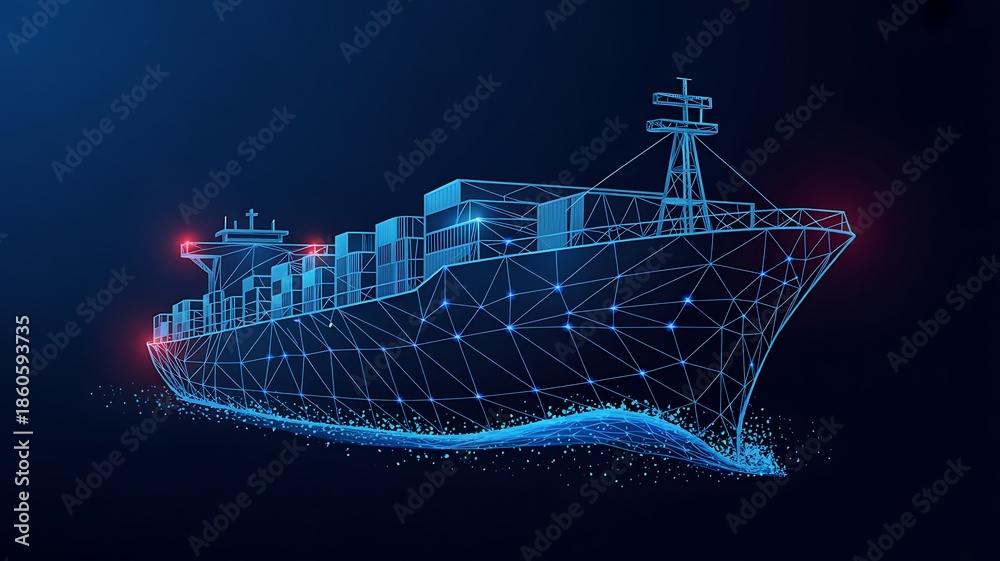 Fototapeta premium Digital Cargo Ship Low Poly Model | Global Logistics & Supply Chain Tech