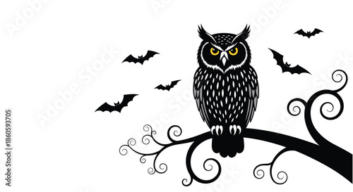 Wise black owl with striking yellow eyes perches on a decorative branch while black bats fly around in a spooky night scene.
