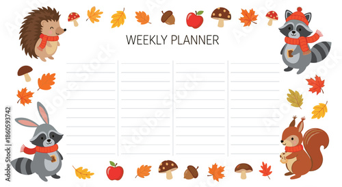 Cute autumn weekly planner template features woodland animals like a hedgehog and squirrel amidst a border of fall leaves and fruits.