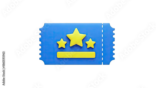 3D Blue Ticket Icon with Yellow Stars and Bar