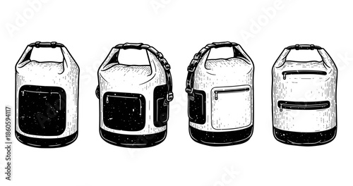 Set of four vintage duffel bags with pockets in black and white illustration style