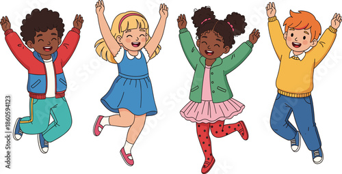 Happy Kids Jumping Illustration with Diverse Children Raising Hands Showing Joy, Energy, Friendship and Playful Childhood Celebration Concept