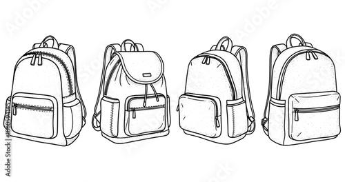Illustration of four backpack designs with front pockets and zippers