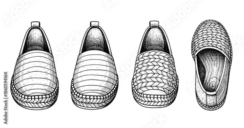 Set of four hand-drawn loafers with detailed patterns and textures