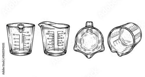 Set of four clear measuring jugs with spouts and measurement marks