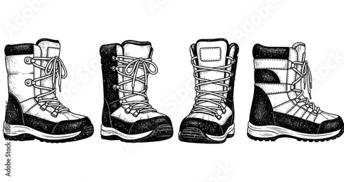 Set of hiking boots: detailed black and white illustrations of outdoor footwear