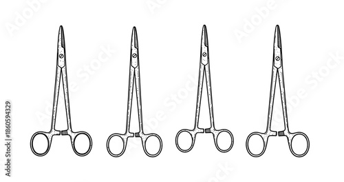 Set of four identical surgical hemostats on white background