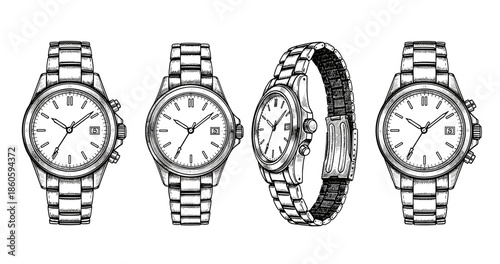 Vintage classic wristwatches with metal bands displayed in various angles