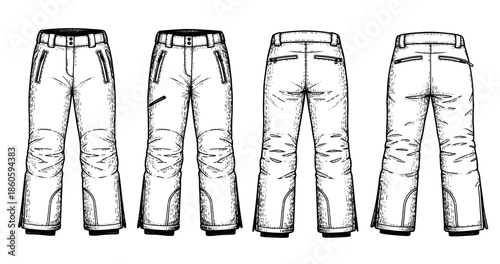 Set of four black and white ski pants illustrations with stitching details
