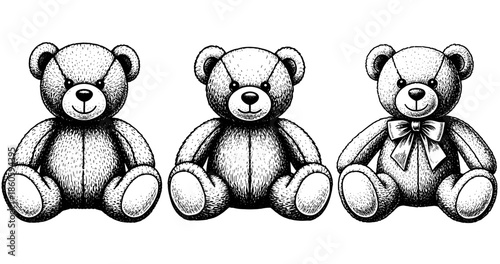 Three black and white teddy bears with bow