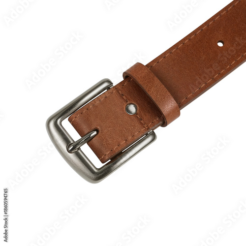 Brown Leather Belt With Metal Buckle on a Light Background