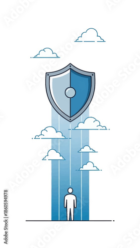 Digital Security Shield Protecting a Person from Cyber Threats.