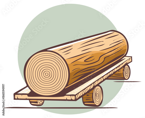 Illustration of a large wooden log resting on a rustic timber cart with wooden wheels