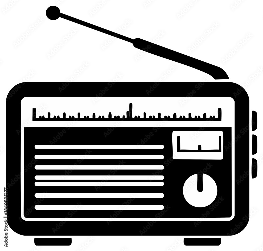 Fototapeta premium Vintage Radio Receiver with Antenna Illustration in Black and White