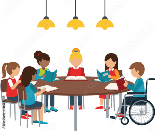 Inclusive Classroom Reading Illustration with Diverse Children Studying Together Around Table Showing Education, Learning, Accessibility and Friendship in School Environment
