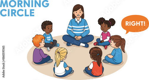 Morning Circle Classroom Illustration with Teacher and Children Sitting Together Showing Preschool Routine, Group Discussion, Social Learning and Early Education Activity