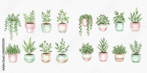 Watercolor illustration set of various potted houseplants and succulents in pastel colors for home decor.