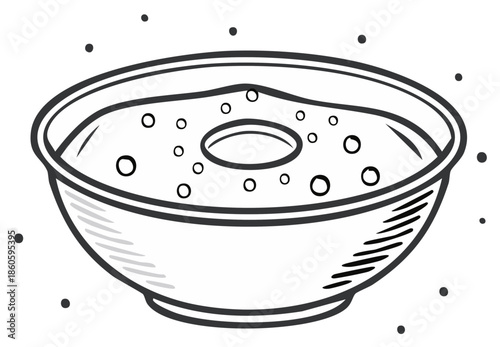 Black and white illustration of a bowl of creamy porridge or soup with a hole in the middle surrounded by small dots.