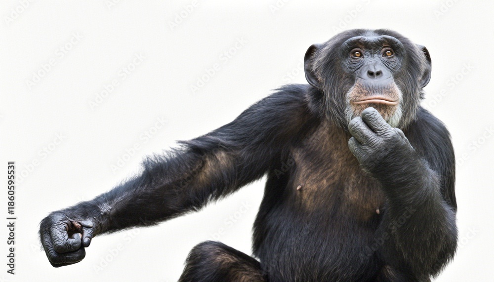 Fototapeta premium Thoughtful Chimpanzee Pondering on White