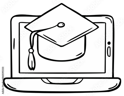 Graduation cap on a laptop screen symbolizing online education and academic achievement