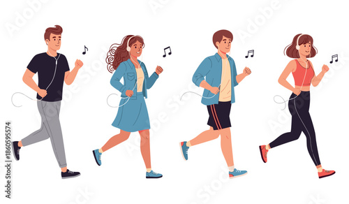Young adults jogging with earphones and music notes