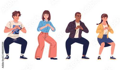 Group exercise routine: diverse young individuals performing squats