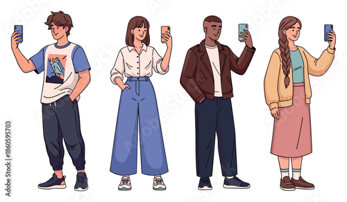 Diverse group of young adults taking selfies with smartphones