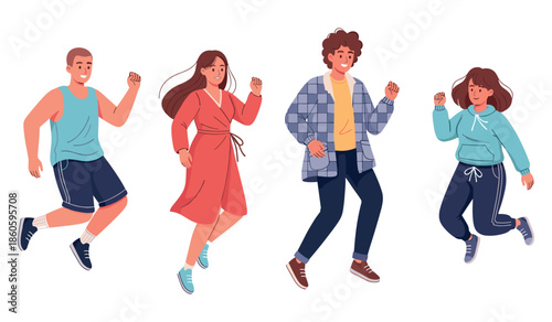 Group of diverse young adults jumping with joy in casual outfits