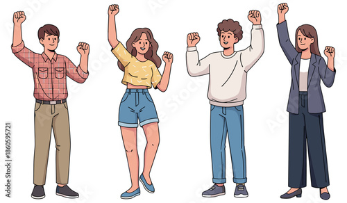 Diverse young adults celebrating with raised fists and smiling faces