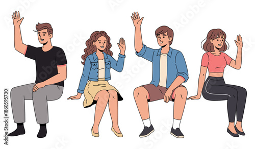 Group of diverse young adults sitting and waving hands cheerfully