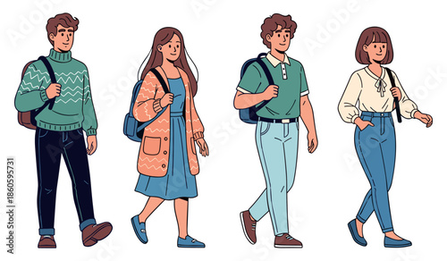 Young diverse adults with backpacks walking in casual clothing
