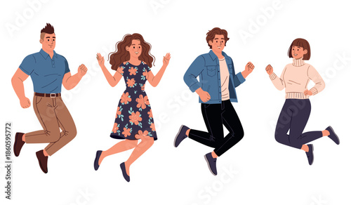 Group of young people jumping cheerfully in casual outfits