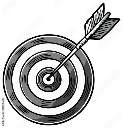 Arrow piercing the bullseye center of target illustration for aiming, goals, accuracy.